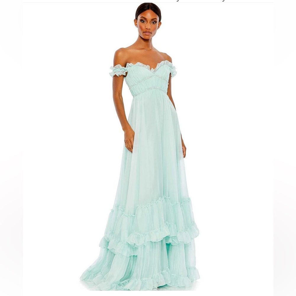 Mac Duggal Mint Off-Shoulder Ruffled Prom Gown